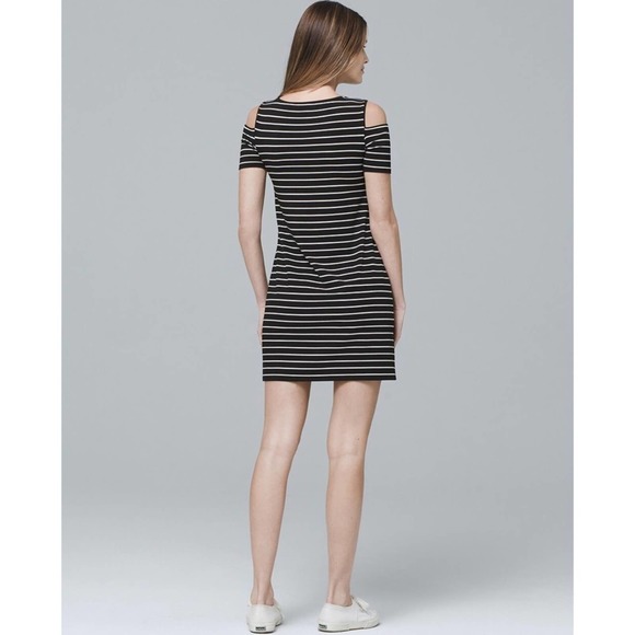 White House Black Market‎ Women's Sz S cold Shoulder Stipe Knit Shift Mini Dress - Picture 2 of 8